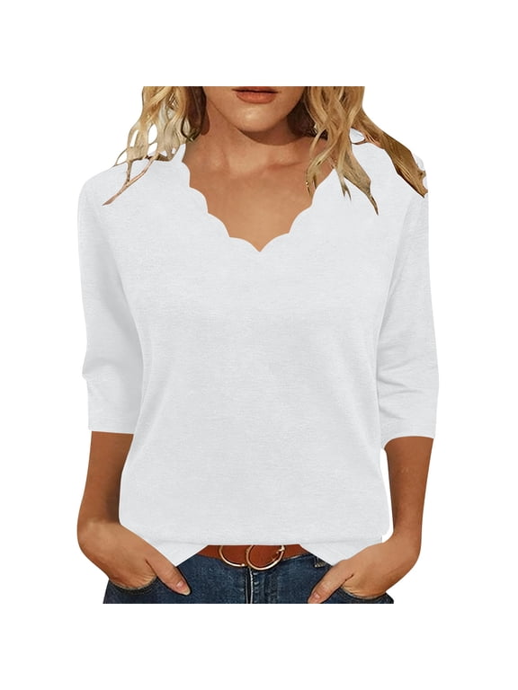 Womens Summer Tops Wave-shaped Neckline 3/4 Sleeve Shirts Dressy Casual Trendy Blouses