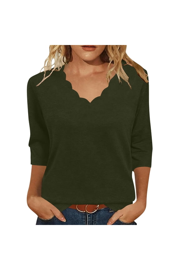 Womens Summer Tops Wave-shaped Neckline 3/4 Sleeve Shirts Dressy Casual Trendy Blouses