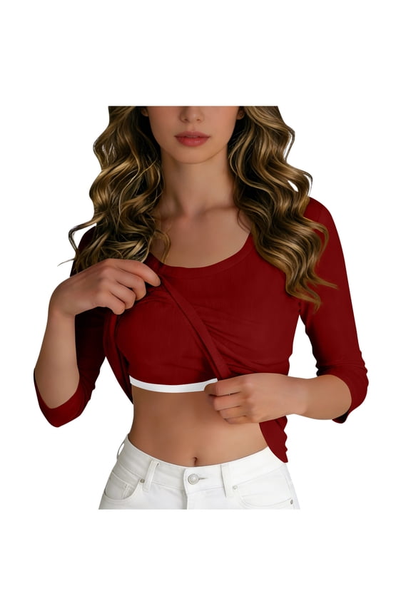Womens Summer Tops with Built in Bras Fashion Solid Color Crew Neck 3/4 Sleeve Ribbed Shirts Casual Blouses