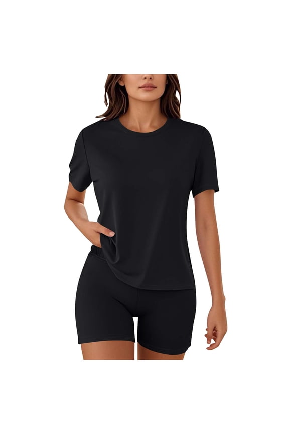 Womens Summer Tracksuit Set Crew Neck Short Sleeve Gym Workout T-shirt + Biker Shorts Lounge Matching Sets Two Piece Outfits Black M