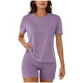 thumbnail image 1 of cocolona Womens Summer Tracksuit Set Crew Neck Short Sleeve Gym Workout T-shirt + Biker Shorts Lounge Matching Sets Two Piece Outfits Purple M, 1 of 7