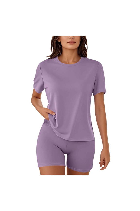 Womens Summer Tracksuit Set Crew Neck Short Sleeve Gym Workout T-shirt + Biker Shorts Lounge Matching Sets Two Piece Outfits Purple M