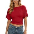 thumbnail image 1 of cocolona Womens Summer Trendy Crop Tops Crew Neck Ruffle 3/4 Sleeve Back-Strapped Shirts Dressy Casual Solid Color Blouses, 1 of 4