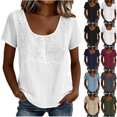 thumbnail image 1 of cocolona Womens Summer Trendy Linen Tops U Neck Short Sleeve Embroidery Shirts Solid Color Dressy Casual Blouses, 1 of 6