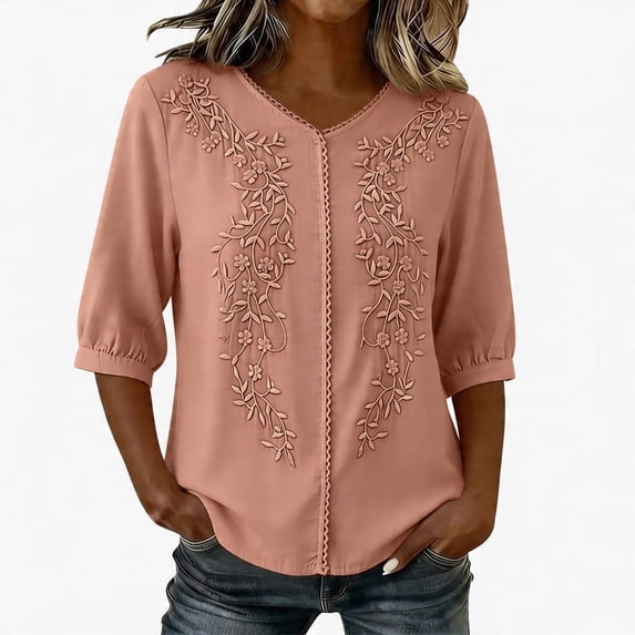 cocolona Womens Summer Trendy Linen Tops V Neck 3/4 Sleeve Embroidery Shirts Solid Color Dressy Casual Blouses