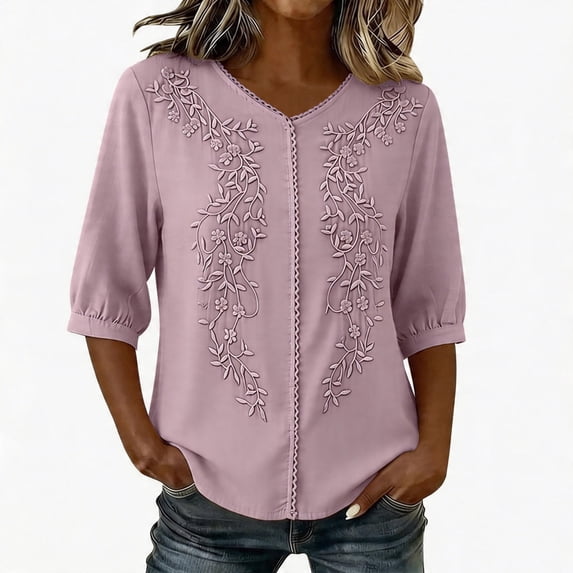 cocolona Womens Summer Trendy Linen Tops V Neck 3/4 Sleeve Embroidery Shirts Solid Color Dressy Casual Blouses