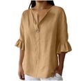 thumbnail image 1 of cocolona Womens Summer Trendy Linen Tops V Neck Ruffle 3/4 Sleeve Button Shirts Dressy Casual Loose Blouses, 1 of 3