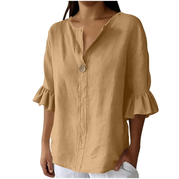 cocolona Womens Summer Trendy Linen Tops V Neck Ruffle 3/4 Sleeve Button Shirts Dressy Casual Loose Blouses