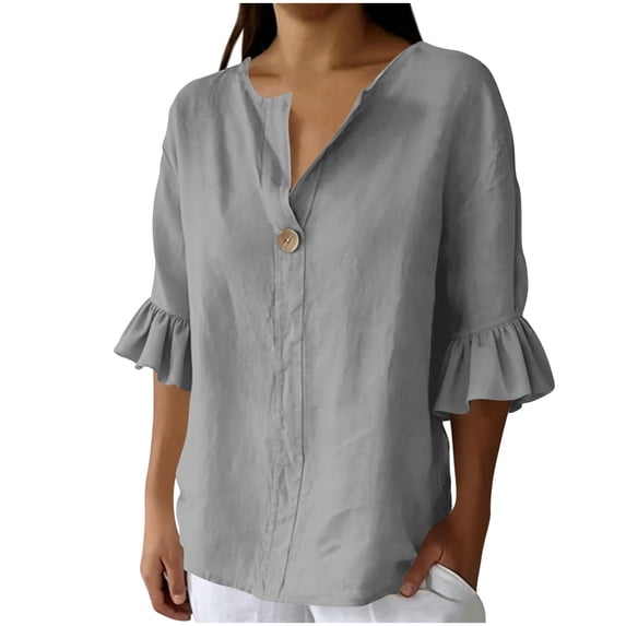cocolona Womens Summer Trendy Linen Tops V Neck Ruffle 3/4 Sleeve Button Shirts Dressy Casual Loose Blouses