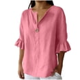 thumbnail image 1 of cocolona Womens Summer Trendy Linen Tops V Neck Ruffle 3/4 Sleeve Button Shirts Dressy Casual Loose Blouses, 1 of 3