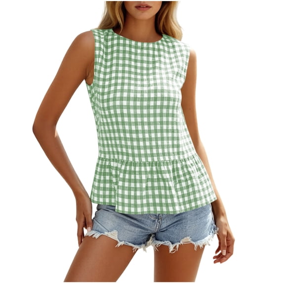 cocolona Womens Summer Trendy Tank Tops Crew Neck Sleeveless Plaid Ruffle Hem Shirts Dressy Casual Blouses