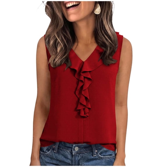 cocolona Womens Summer Trendy Tank Tops V Neck Ruffle Sleeveless Solid Color Shirts Casual Vacation Outfits Blouses