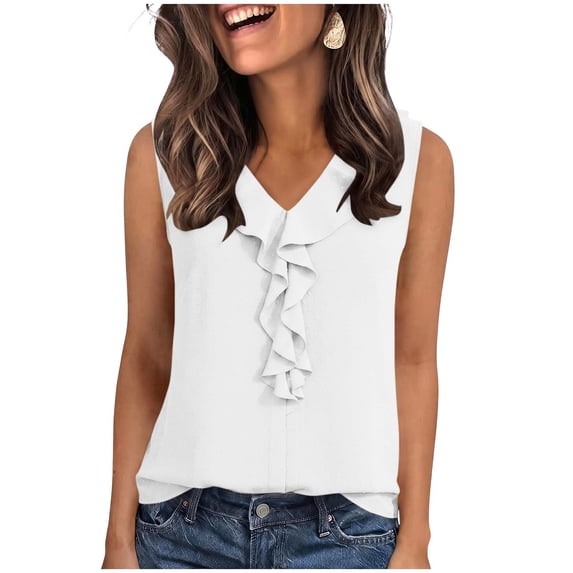 cocolona Womens Summer Trendy Tank Tops V Neck Ruffle Sleeveless Solid Color Shirts Casual Vacation Outfits Blouses
