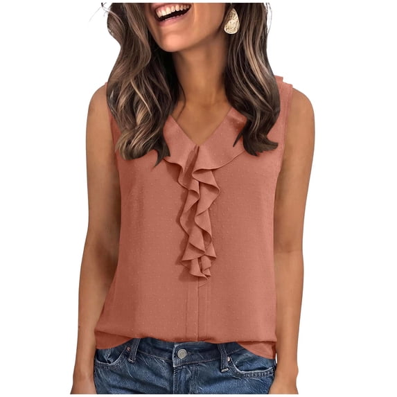cocolona Womens Summer Trendy Tank Tops V Neck Ruffle Sleeveless Solid Color Shirts Casual Vacation Outfits Blouses