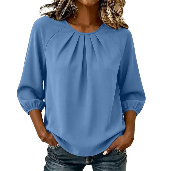 cocolona Womens Summer Trendy Tops Crew Neck 3/10 Sleeve Shirts Dressy Casual Pleated Loose Solid Color Blouses