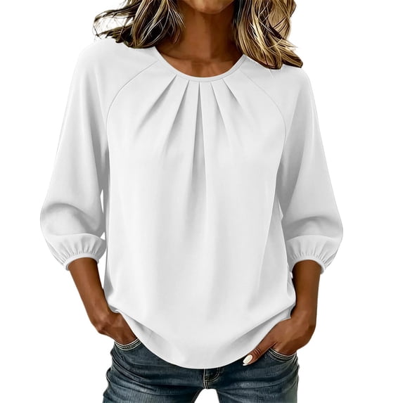 cocolona Womens Summer Trendy Tops Crew Neck 3/33 Sleeve Shirts Dressy Casual Pleated Loose Solid Color Blouses