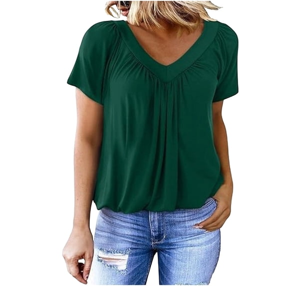 cocolona Womens Summer Trendy Tops V Neck Short Sleeve Shirts Dressy Casual Pleated Loose Blouses