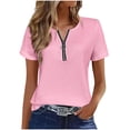 thumbnail image 1 of cocolona Womens Summer Trendy Tops V Neck Zipper Short Sleeve Shirts Dressy Casual Solid Color Blouses, 1 of 6