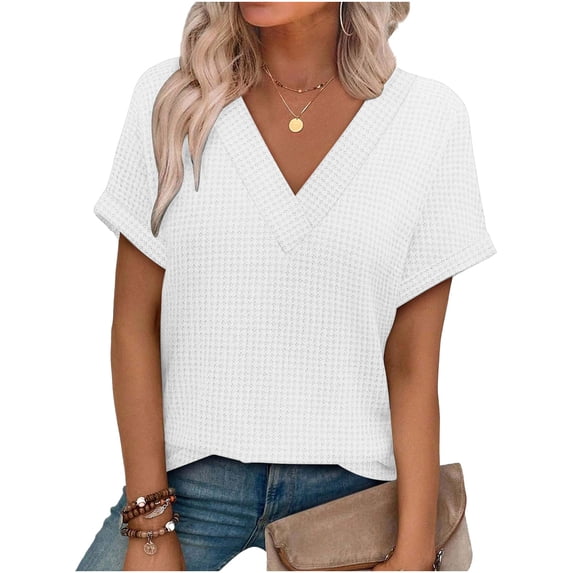 cocolona Womens Summer Tunic Tops V Neck Short Sleeve Textured T-shirts Fashion Casual Loose Blouses Basic Tees