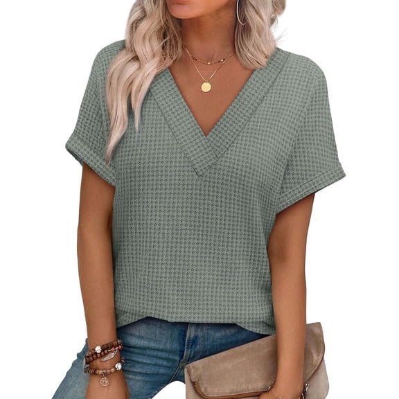 cocolona Womens Summer Tunic Tops V Neck Short Sleeve Textured T-shirts Fashion Casual Loose Blouses Basic Tees