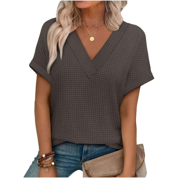 cocolona Womens Summer Tunic Tops V Neck Short Sleeve Textured T-shirts Fashion Casual Loose Blouses Basic Tees