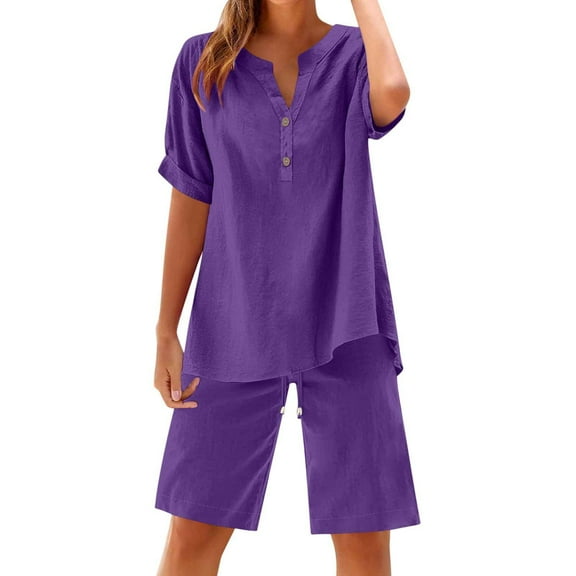 cocolona Womens Summer Two Piece Linen Sets Short Sleeve Button V Neck Shirts   Shorts Lounge Matching Sets Vacation Travel Outfits Purple XL