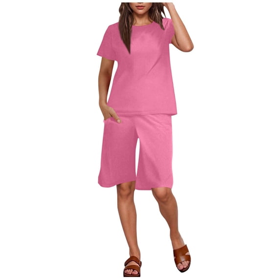 cocolona Womens Summer Two Piece Outfits Short Sleeve Crew Neck Tops + Shorts Comfy Solid Lounge Matching Sets Vacation Travel Set Pink L