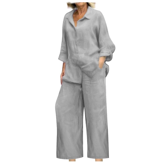 cocolona Womens Summer Two Piece Sets Long Sleeve Button Linen Shirts + Wide Leg Pants Comfy Loose Lounge Matching Sets Vacation Travel Outfits Gray 4XL