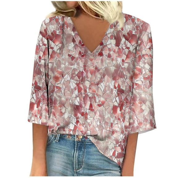 cocolona Womens Summer V Neck 3/4 Sleeve Tops Fashion Casual Loose Floral Print T-shirts Lightweight Comfy Blouse