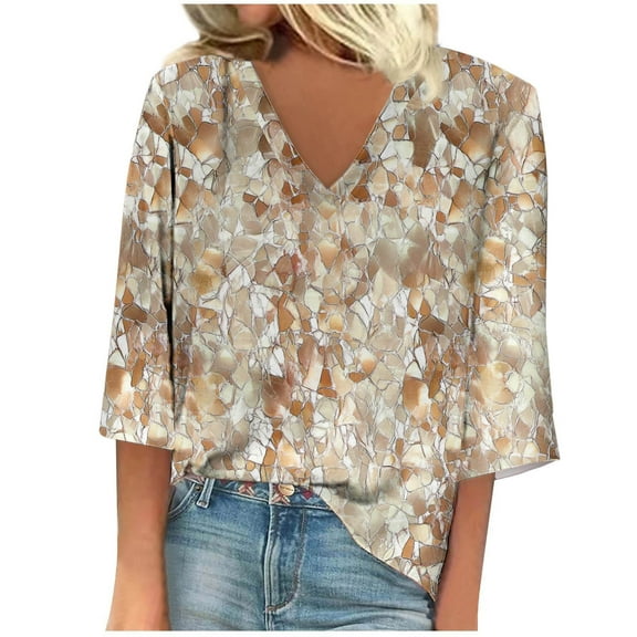 cocolona Womens Summer V Neck 3/4 Sleeve Tops Fashion Casual Loose Floral Print T-shirts Lightweight Comfy Blouse