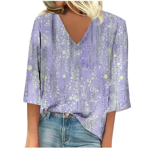 cocolona Womens Summer V Neck 3/4 Sleeve Tops Fashion Casual Loose Regular Print T-shirts Lightweight Comfy Blouse