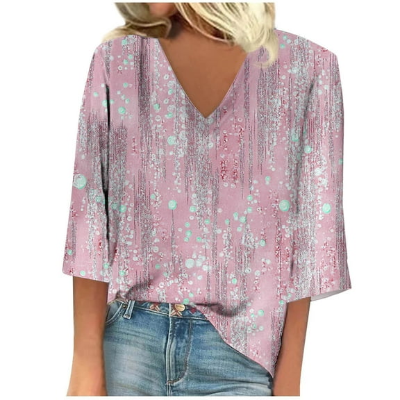 cocolona Womens Summer V Neck 3/4 Sleeve Tops Fashion Casual Loose Regular Print T-shirts Lightweight Comfy Blouse