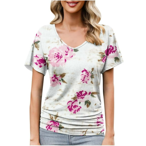 cocolona Womens Summer V Neck Short Sleeve Fold Blouses Fashion Casual Loose Floral Print Tops Lightweight T-shirts