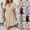 thumbnail image 1 of cocolona Womens Summer V Neck Short Sleeve Mini Dress Ruffle Flowy Linen Dress Casual Beach Vacation Sundress, 1 of 7