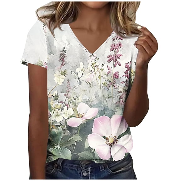 cocolona Womens Summer V Neck Short Sleeve T-shirts Fashion Casual Loose Floral Print Tops Lightweight Comfy Tees Blouse