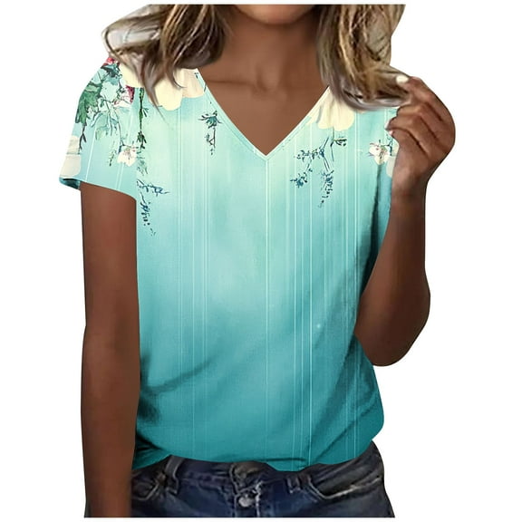cocolona Womens Summer V Neck Short Sleeve T-shirts Fashion Casual Loose Floral Print Tops Lightweight Comfy Tees Blouse