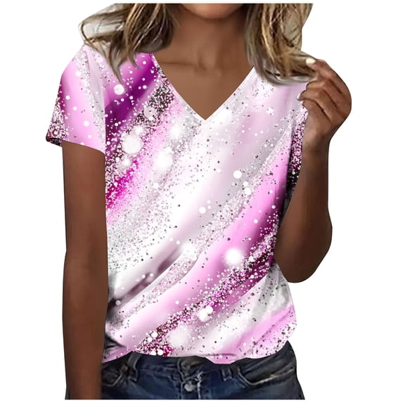 cocolona Womens Summer V Neck Short Sleeve T-shirts Fashion Casual Loose Vintage Print Tops Lightweight Comfy Tees Blouse