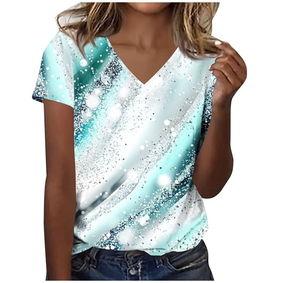 cocolona Womens Summer V Neck Short Sleeve T-shirts Fashion Casual Loose Vintage Print Tops Lightweight Comfy Tees Blouse