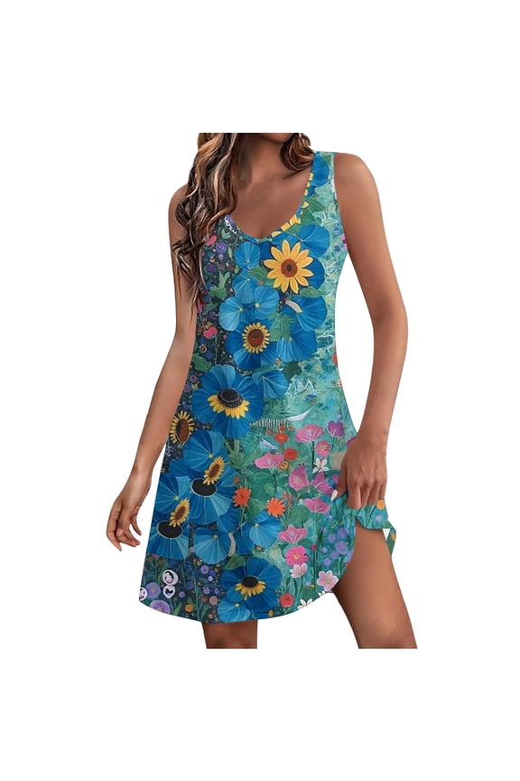 Womens Summer V Neck Sleeveless Tank Dress Fashion Casual Boho Floral Print Mini Dress Hawaiian Beach Sundress with Pockets