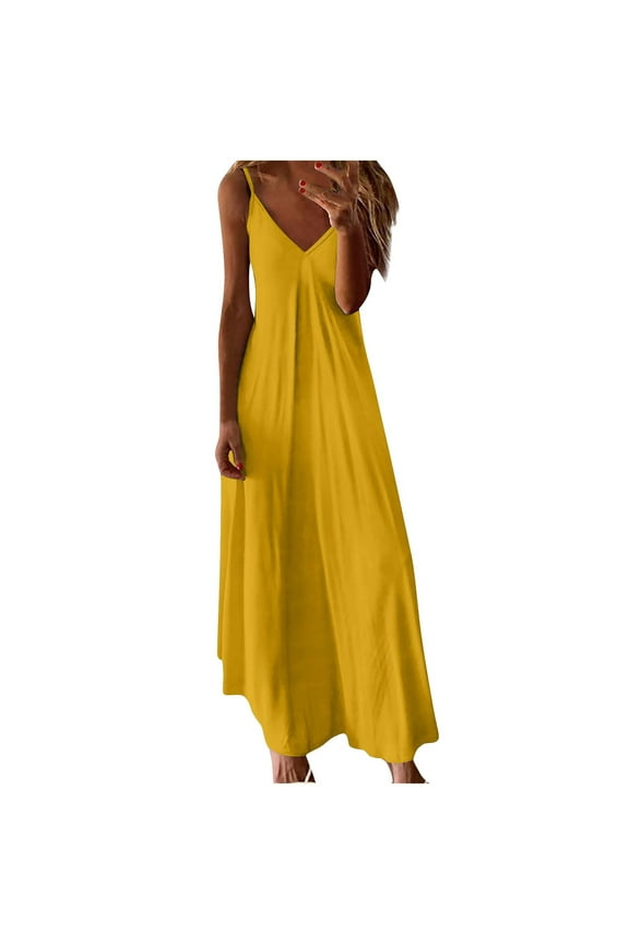Womens Summer V Neck Spaghetti Strap Long Dress Sleeveless Pleated Flowy Maxi Dress Casual Solid Color Vacation Beach Sundress