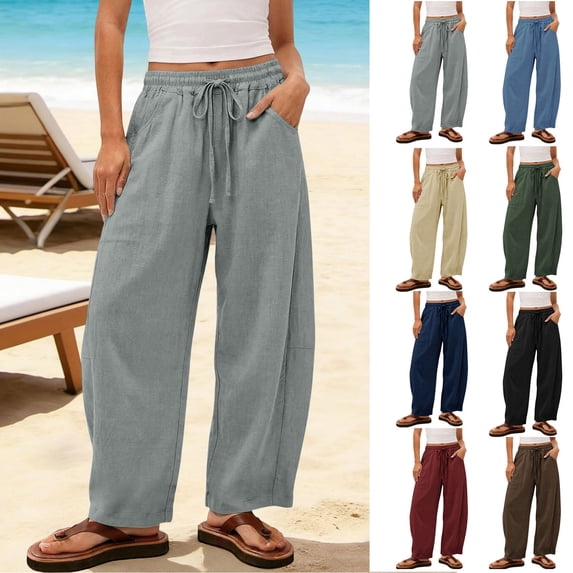 cocolona Womens Summer Vacation Beach Pants Drawstring Wide Leg Pants Casual Loose Solid Color Trousers with Pockets