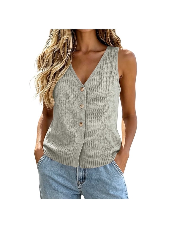 Womens Sweater Vest Dressy Casual V Neck Button Down Sweater Loose Casual Solid Color LightWeight Knit Vest