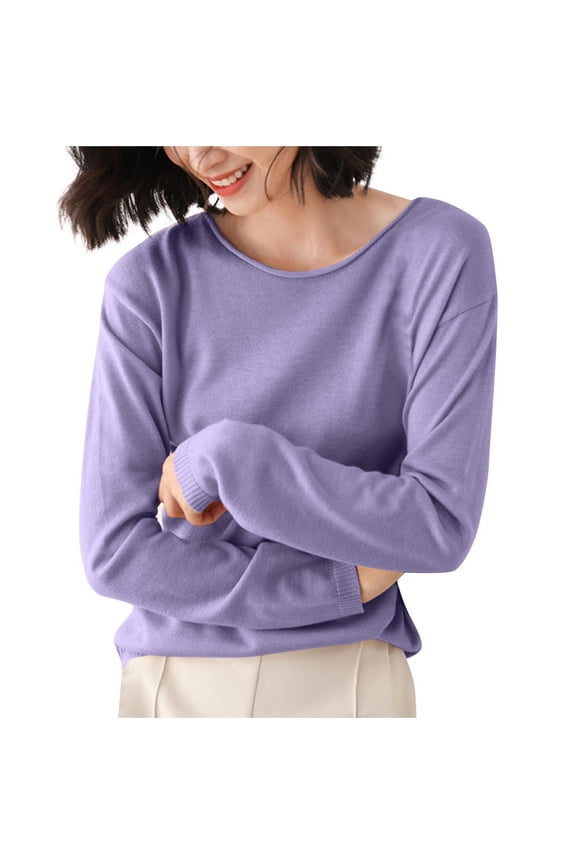 Womens Sweaters for Women Long Sleeve Crew Neck Solid Color Blouses Dressy Casual Pullover Fall Tops