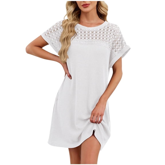 cocolona Womens T-shirt Dress Summer Short Sleeve Crew Neck Lace Patchwork Mini Dress Casual Solid Loose Sun Dress
