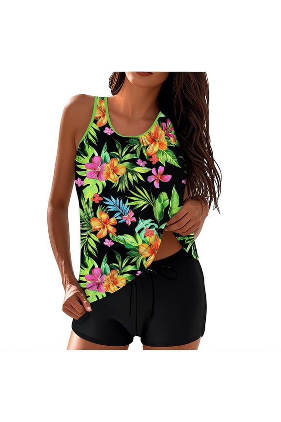 Womens Tankini Swimsuits Fashion Floral Print Two Piece Modest Bathing Suits Summer Vacation Beach Swimwear Sets