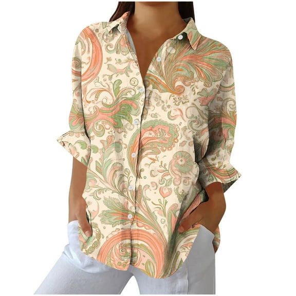 cocolona Womens Tops 2025 Lapel Button Long Sleeve Shirts Fashion Casual Loose Comfy Trendy Print Blouses Beige XL