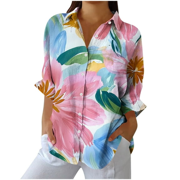 cocolona Womens Tops 2025 Lapel Button Long Sleeve Shirts Fashion Casual Loose Comfy Trendy Print Blouses Purple S