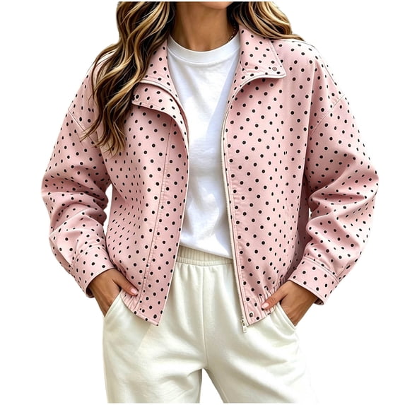 cocolona Womens Trendy Jacket Long Sleeve Zipper Polka Dot Printed Cropped Coat Loose Casual Cute Fall Outerwear with Pocket