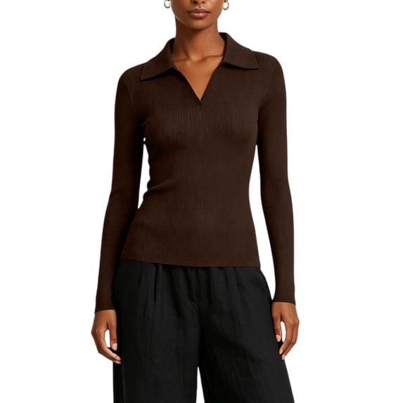 cocolona Womens Trendy Slim Kintted Tops Long Sleeve V Neck Lapel Shirts Solid Color Fall Tops