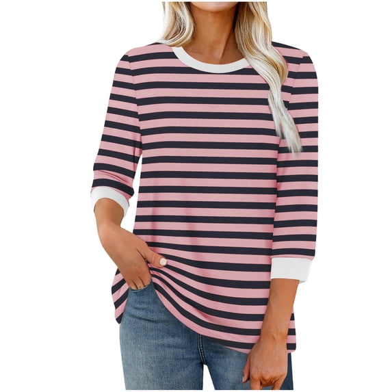 cocolona Womens Trendy Striped Shirts Fall Crew Neck 3/4 Sleeve Pullover Tops Casual Lightweight Comfy Blouses 2025